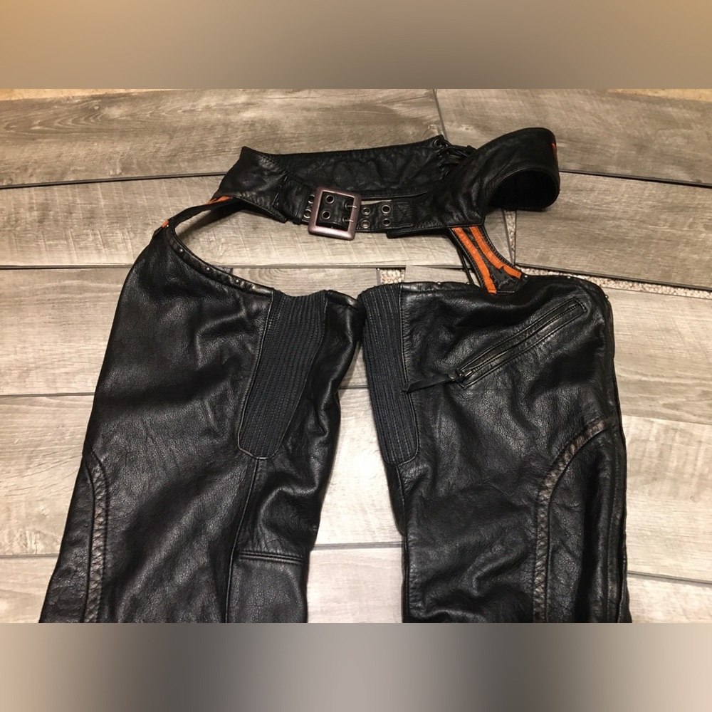 Womens Harley-Davidson Leather Chaps Riding Chopper Motorcycle Black Pants Small - Picture 3 of 12